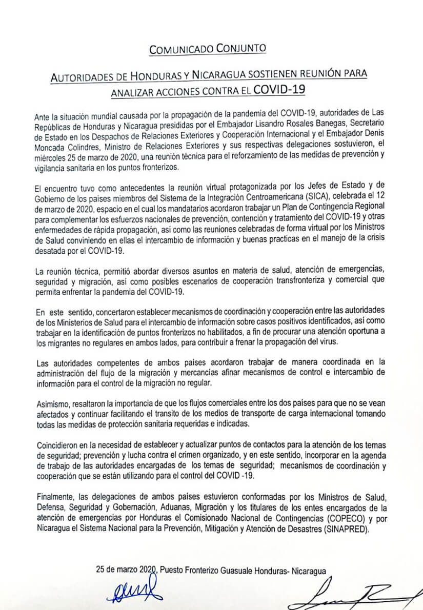 comunicado-conjunto-nicaragua-honduras-coronavirus